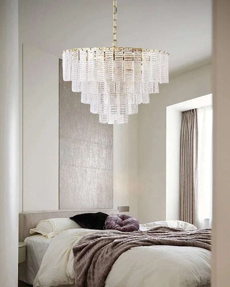 Cassis Series Geometric Chandelier | Multi-Tier Ridged Glass Sculpted Ridged Glass Ribbons, Polished Metal Frame for Grand Foyers and Dining Rooms American chandelier