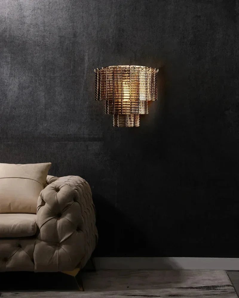 Cassis Series Geometric Flush Mount | Triple Tier Ridged Glass Hand-cast Venetian textured glass, Clear and Smoke glass finish for Dining rooms, entryways, and open-concept areas Flush Mounted Wall Sconce Lamp