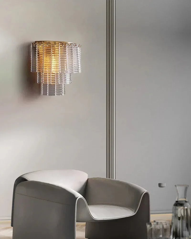 Cassis Series Geometric Flush Mount | Triple Tier Ridged Glass Hand-cast Venetian textured glass, Clear and Smoke glass finish for Dining rooms, entryways, and open-concept areas Flush Mounted Wall Sconce Lamp