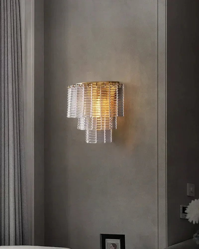 Cassis Series Geometric Wall Sconce | Triple Tier Hand-cast Venetian textured glass, Modernist geometric finish for Dining rooms, entryways, and open-concept areas Flush Mounted Wall Sconce Lamp