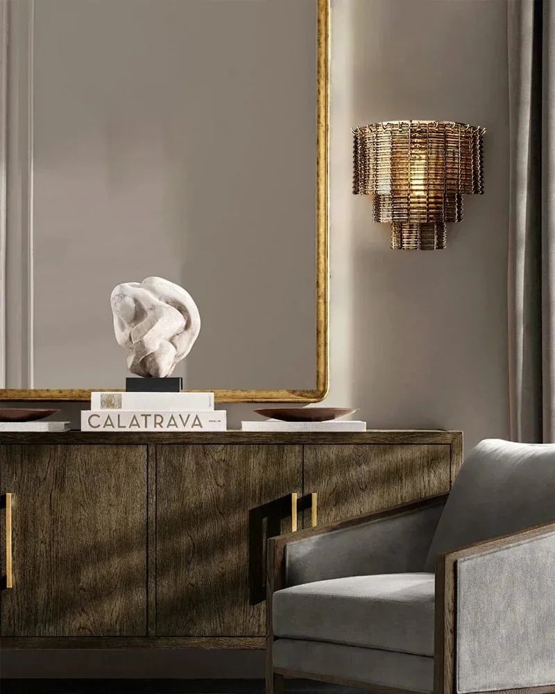 Cassis Series Geometric Wall Sconce | Triple Tier Hand-cast Venetian textured glass, Modernist geometric finish for Dining rooms, entryways, and open-concept areas Flush Mounted Wall Sconce Lamp