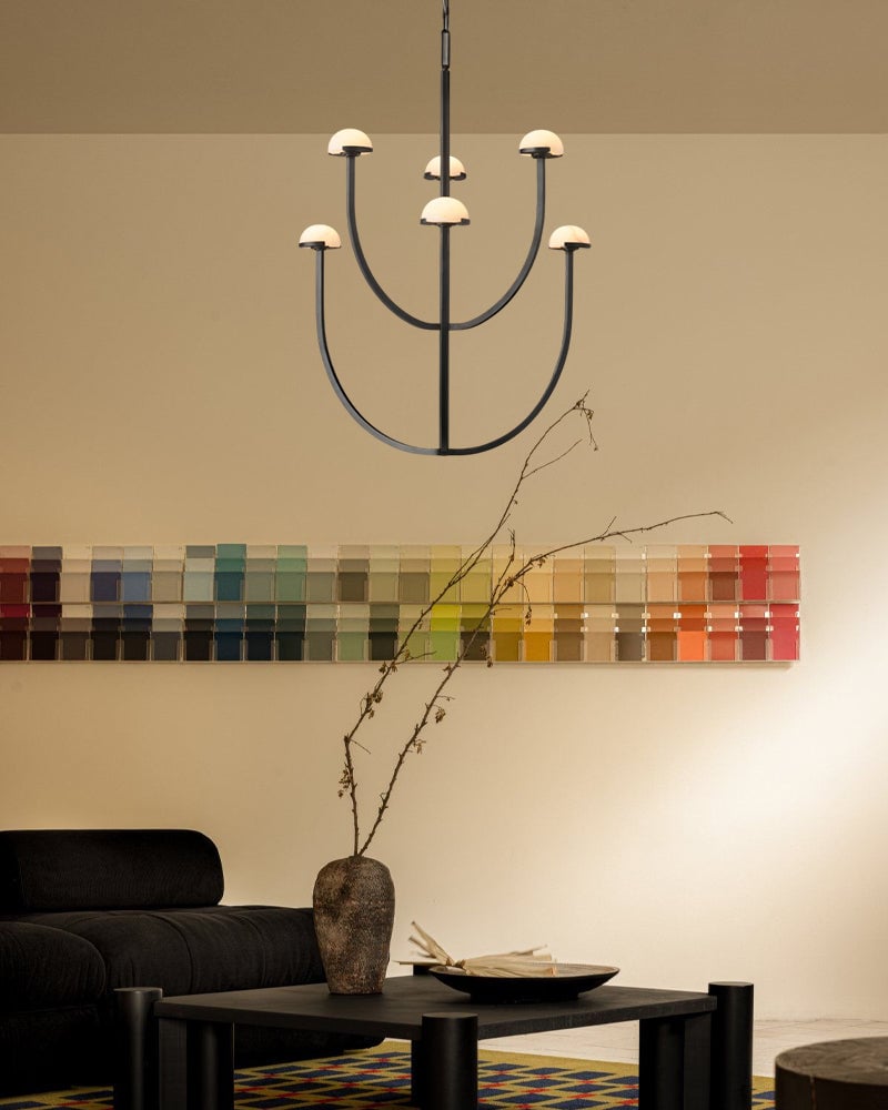 Comporta Series Geometric Chandelier | Two-Tier Hand-Carved Alabaster Domes with Burnished Brass and Black Metal, Antique Burnished Brass and Black Metal finish for Dining Rooms and Living Areas American chandelier