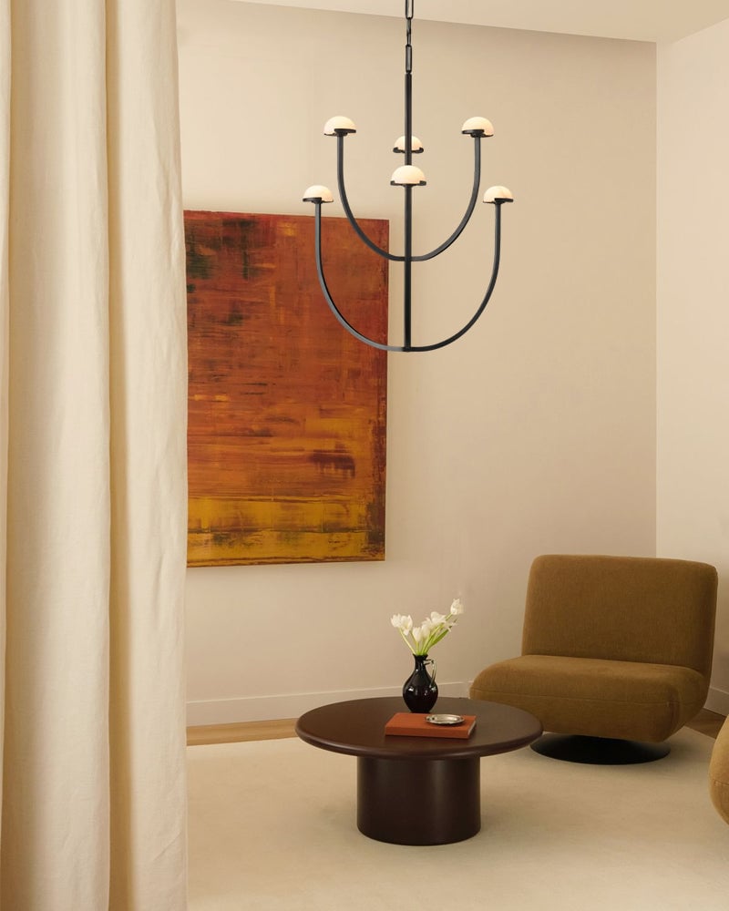 Comporta Series Geometric Chandelier | Two-Tier Sculptural Dome Hand-Carved Natural Alabaster Domes, Aged Brass and Black finish for Dining Rooms and Living Spaces American chandelier