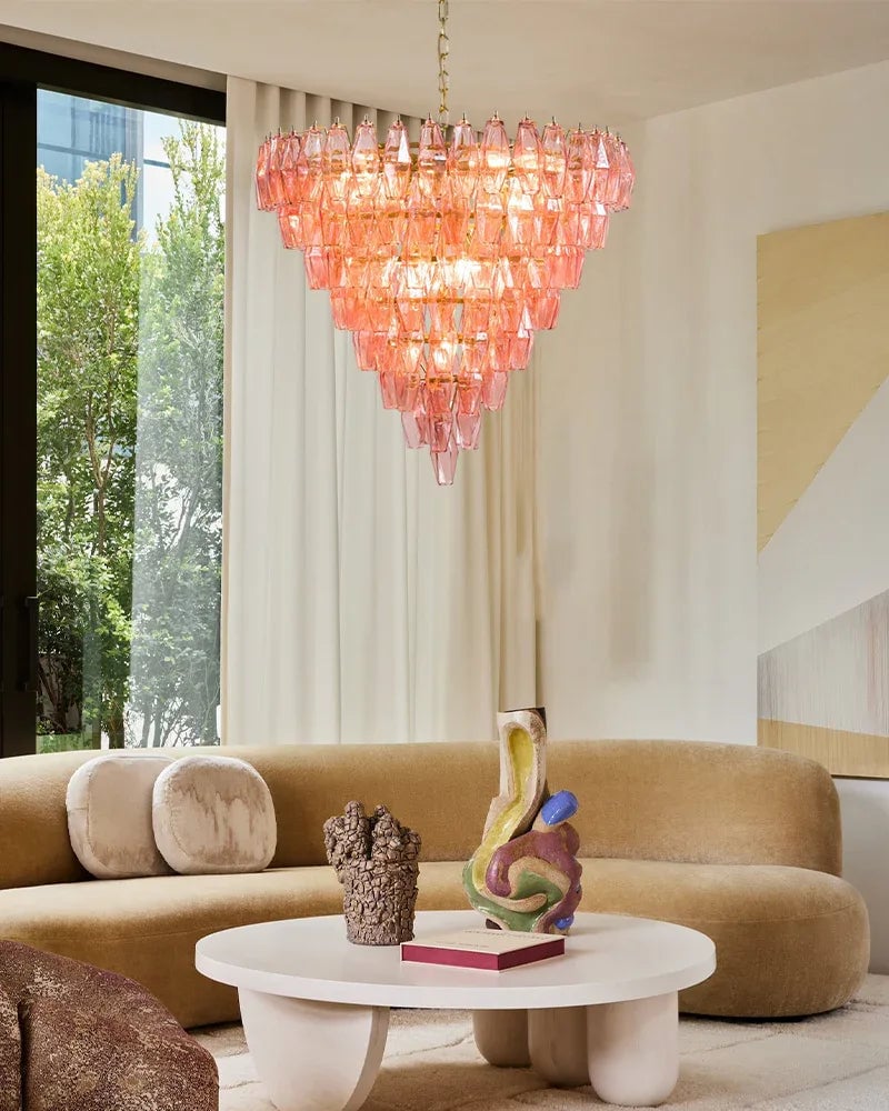 Cortina Series Cascading Chandelier | Multi-Layer Murano Glass Hand-blown Murano colorful glass with sleek metal framework, Premium Gold finish for Dining rooms and high-ceiling foyers Luxury Modern Chandelier