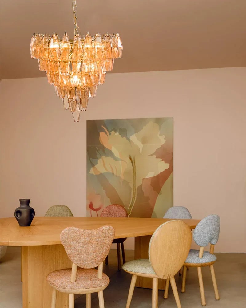 Cortina Series Cascading Chandelier | Multi-Layer Murano Glass Hand-blown Murano colorful glass with sleek metal framework, Premium Gold finish for Dining rooms and high-ceiling foyers Luxury Modern Chandelier