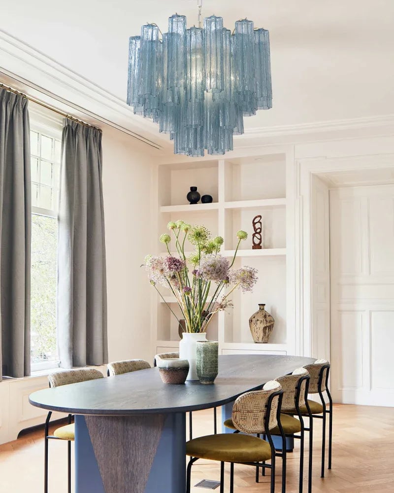 Cortina Series Cascading Chandelier | Multi-Tier Fluted Glass Handcrafted Fluted Murano-Inspired Blue Glass, Satin Brass for Grand Entrances and Dining Rooms American chandelier