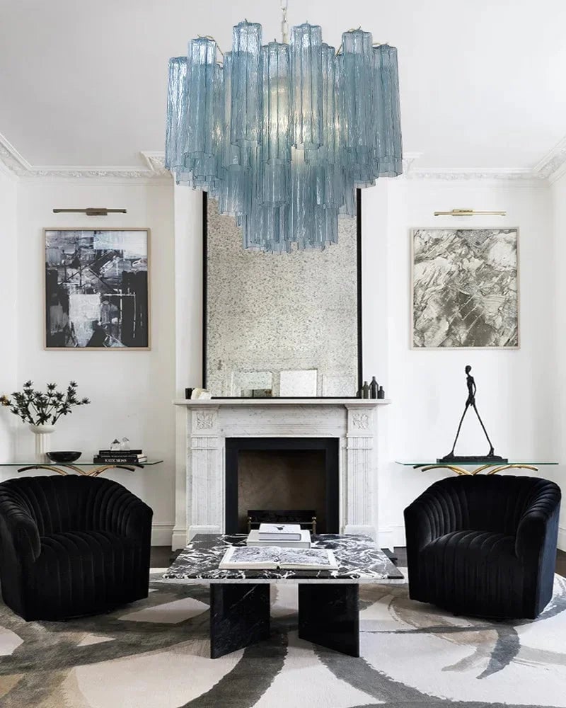 Cortina Series Cascading Chandelier | Multi-Tier Fluted Glass Handcrafted Fluted Murano-Inspired Blue Glass, Satin Brass for Grand Entrances and Dining Rooms American chandelier