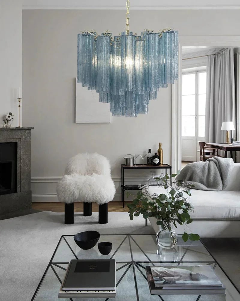 Cortina Series Cascading Chandelier | Multi-Tier Fluted Glass Handcrafted Fluted Murano-Inspired Blue Glass, Satin Brass for Grand Entrances and Dining Rooms American chandelier
