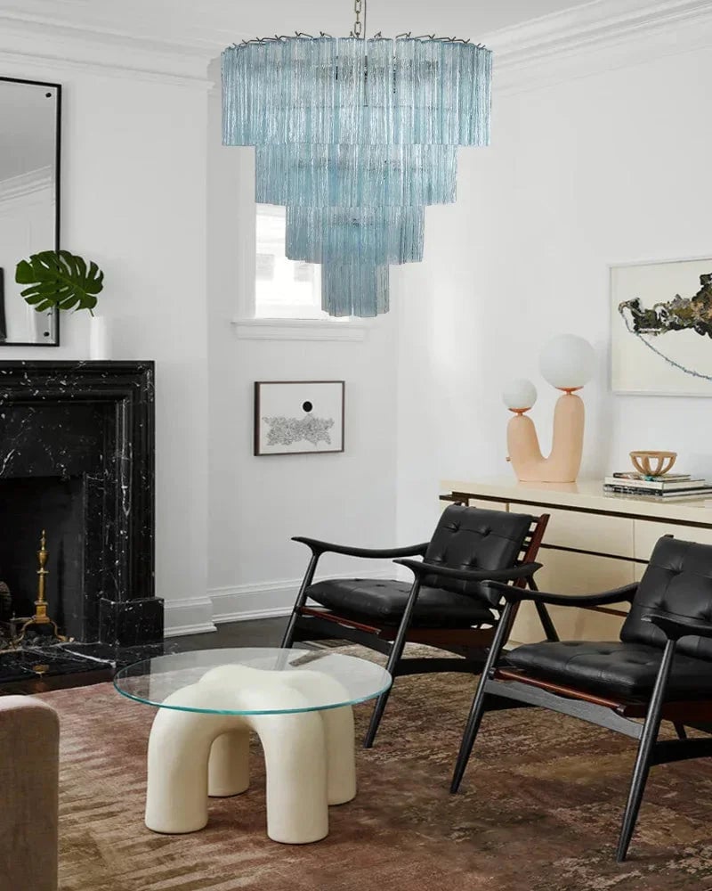 Cortina Series Cascading Chandelier | Multi-Tier Fluted Glass Handcrafted Fluted Murano-Inspired Blue Glass, Satin Brass for Grand Entrances and Dining Rooms American chandelier