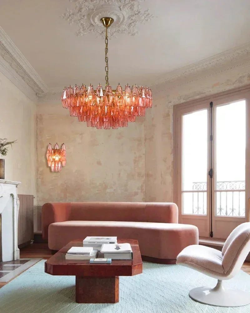 Cortina Series Cascading Chandelier | Multi-Tier Hand Blown Polyhedrons Hand-blown Murano glass polyhedrons, Antique brass satin frame with gold enamel for Grand halls and dining rooms American Vintage chandelier lamp