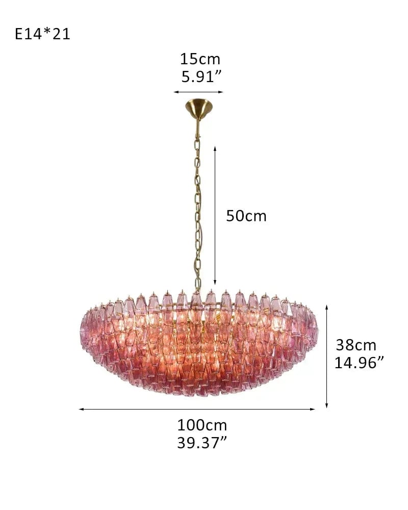Cortina Series Cascading Chandelier | Multi-Tier Hand Blown Polyhedrons Hand-blown Murano glass polyhedrons, Antique brass satin frame with gold enamel for Grand halls and dining rooms D100*H38CM D39.37"*H14.96" Purple American Vintage chandelier lamp
