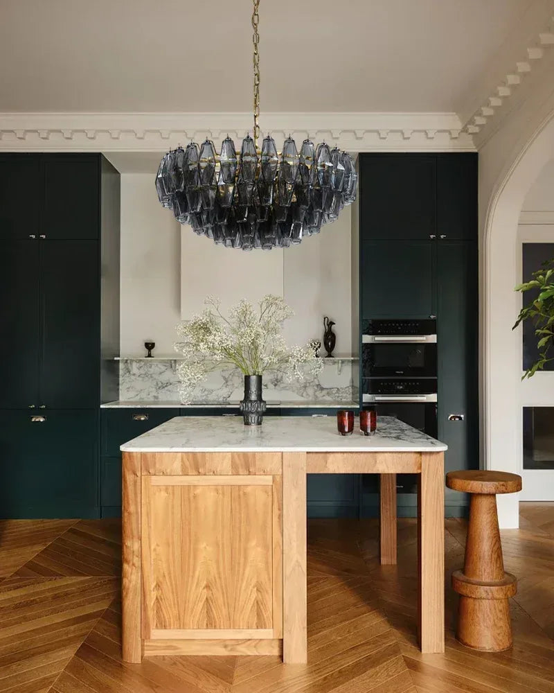 Cortina Series Cascading Chandelier | Multi-Tier Hand Blown Polyhedrons Hand-blown Murano glass polyhedrons, Antique brass satin frame with gold enamel for Grand halls and dining rooms American Vintage chandelier lamp