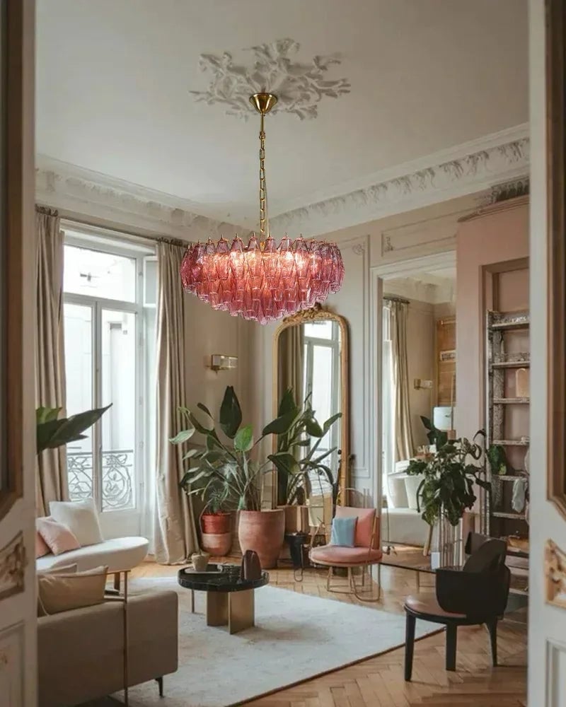 Cortina Series Cascading Chandelier | Multi-Tier Hand Blown Polyhedrons Hand-blown Murano glass polyhedrons, Antique brass satin frame with gold enamel for Grand halls and dining rooms American Vintage chandelier lamp