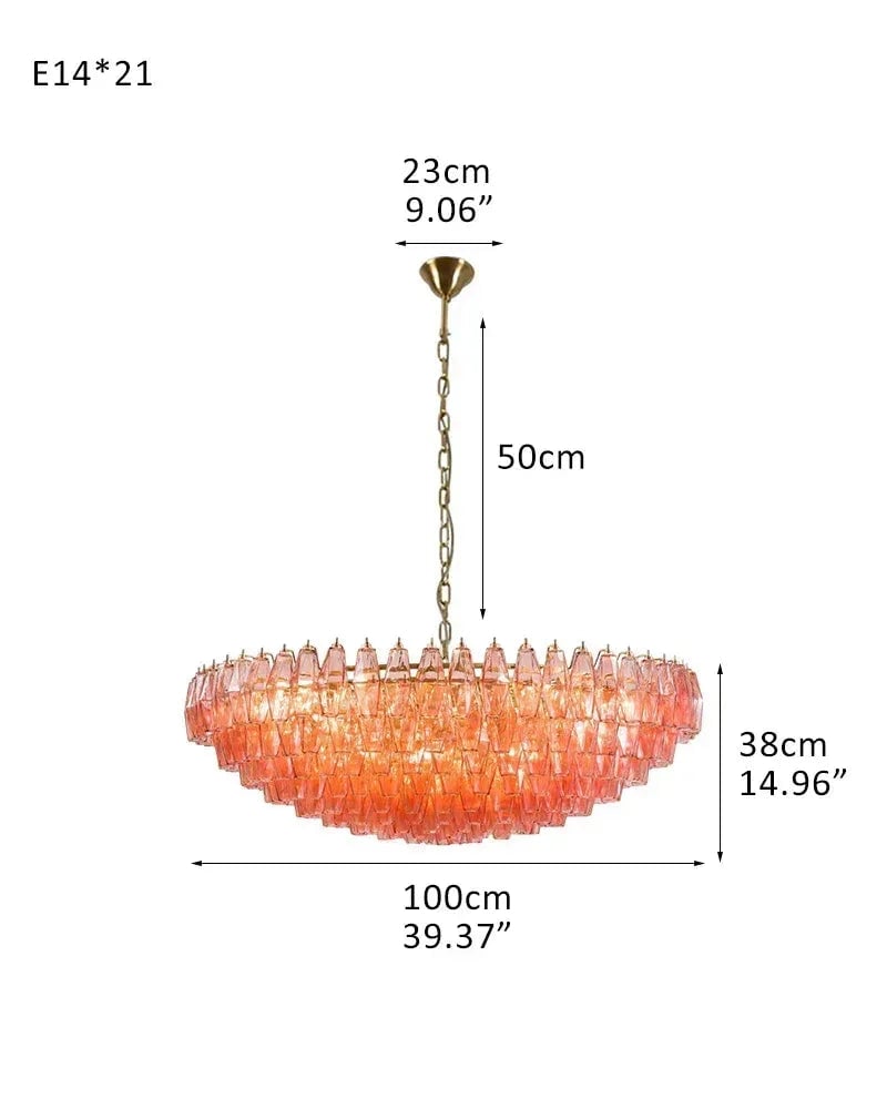 Cortina Series Cascading Chandelier | Multi-Tier Hand Blown Polyhedrons Hand-blown Murano glass polyhedrons, Antique brass satin frame with gold enamel for Grand halls and dining rooms D100*H38CM D39.37"*H14.96" Pink American Vintage chandelier lamp