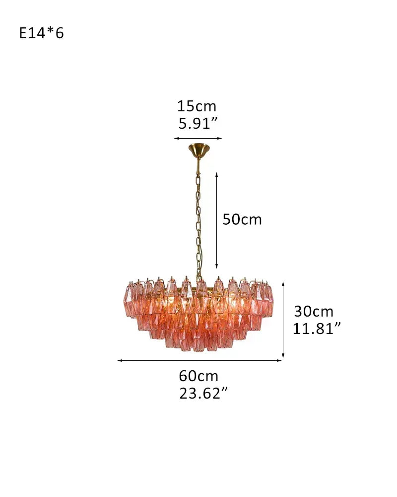 Cortina Series Cascading Chandelier | Multi-Tier Hand Blown Polyhedrons Hand-blown Murano glass polyhedrons, Antique brass satin frame with gold enamel for Grand halls and dining rooms D60*H30CM D23.62"*H11.81" Pink American Vintage chandelier lamp