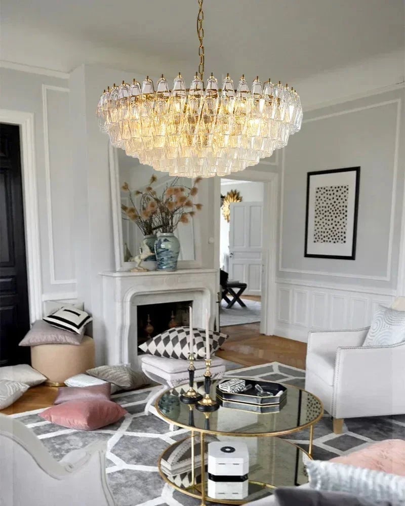 Cortina Series Cascading Chandelier | Multi-Tier Hand Blown Polyhedrons Hand-blown Murano glass polyhedrons, Antique brass satin frame with gold enamel for Grand halls and dining rooms American Vintage chandelier lamp