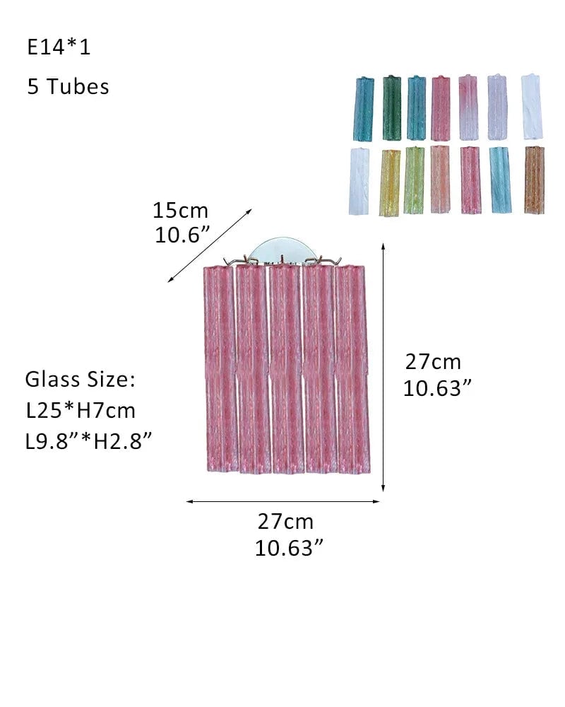 Cortina Series Cascading Chandelier | Multi-Tier Murano Glass Handcrafted Fluted Pink Murano Glass Tubes, Satin Brass for Grand Entrances and Dining Rooms Sconces-D27*H27CM D10.6"*H10.6"(5 tubes) Pink & Silver American chandelier