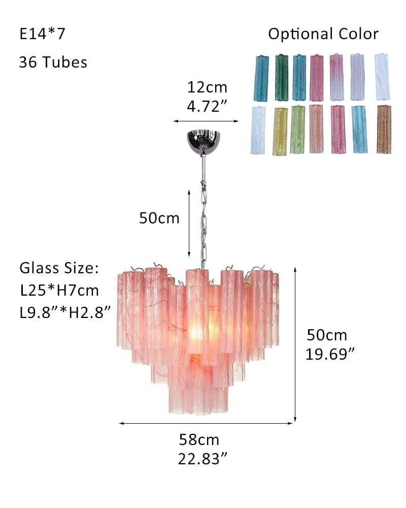 Cortina Series Cascading Chandelier | Multi-Tier Murano Glass Handcrafted Fluted Pink Murano Glass Tubes, Satin Brass for Grand Entrances and Dining Rooms Pendants-D58*H50CM 23"*H20"(36 tubes) Pink + White & Silver American chandelier