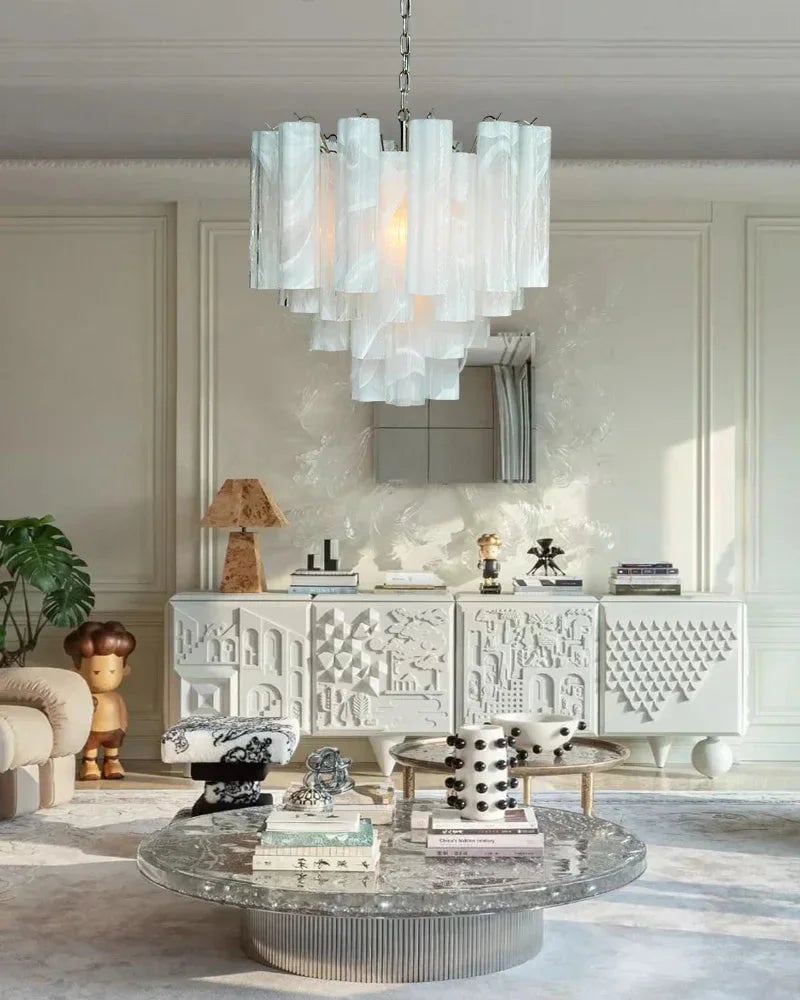 Cortina Series Cascading Chandelier | Multi-Tier Murano Glass Handcrafted Fluted Pink Murano Glass Tubes, Satin Brass for Grand Entrances and Dining Rooms American chandelier