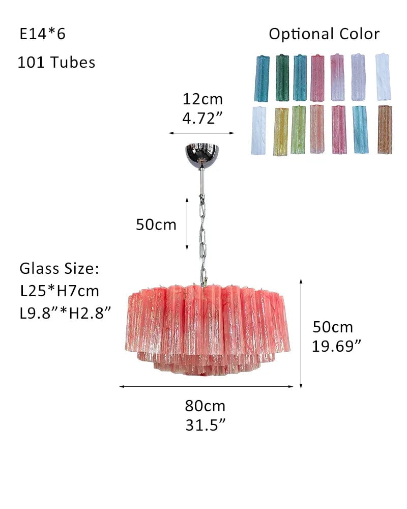 Cortina Series Cascading Chandelier | Multi-Tier Murano Glass Handcrafted Fluted Pink Murano Glass Tubes, Satin Brass for Grand Entrances and Dining Rooms Pendants-D80*H50CM 31.5"*H20"(101 tubes) Pink + White & Silver American chandelier