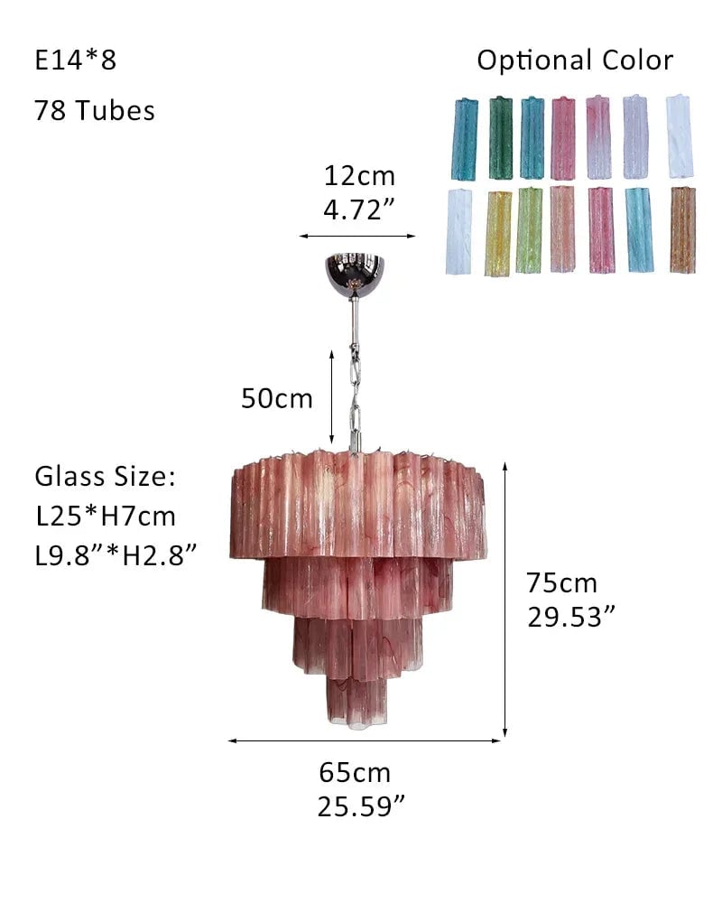 Cortina Series Cascading Chandelier | Multi-Tier Murano Glass Handcrafted Fluted Pink Murano Glass Tubes, Satin Brass for Grand Entrances and Dining Rooms Pendants-D65*H75CM 26"*H30"(78 tubes) Pink + White & Silver American chandelier