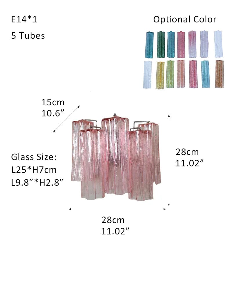 Cortina Series Cascading Chandelier | Multi-Tier Murano Glass Handcrafted Fluted Pink Murano Glass Tubes, Satin Brass for Grand Entrances and Dining Rooms Sconces-D28*H28CM D11"*H11"(5 tubes) Pink & Silver American chandelier