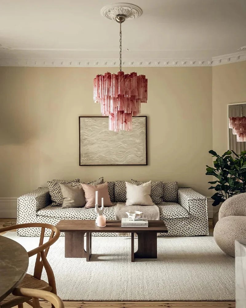 Cortina Series Cascading Chandelier | Multi-Tier Murano Glass Handcrafted Fluted Pink Murano Glass Tubes, Satin Brass for Grand Entrances and Dining Rooms American chandelier