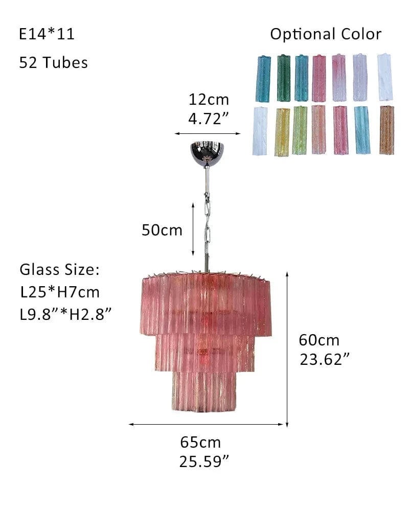 Cortina Series Cascading Chandelier | Multi-Tier Murano Glass Handcrafted Fluted Pink Murano Glass Tubes, Satin Brass for Grand Entrances and Dining Rooms Pendants-D65*H60CM 26"*H24"(52 tubes) Pink & Silver American chandelier