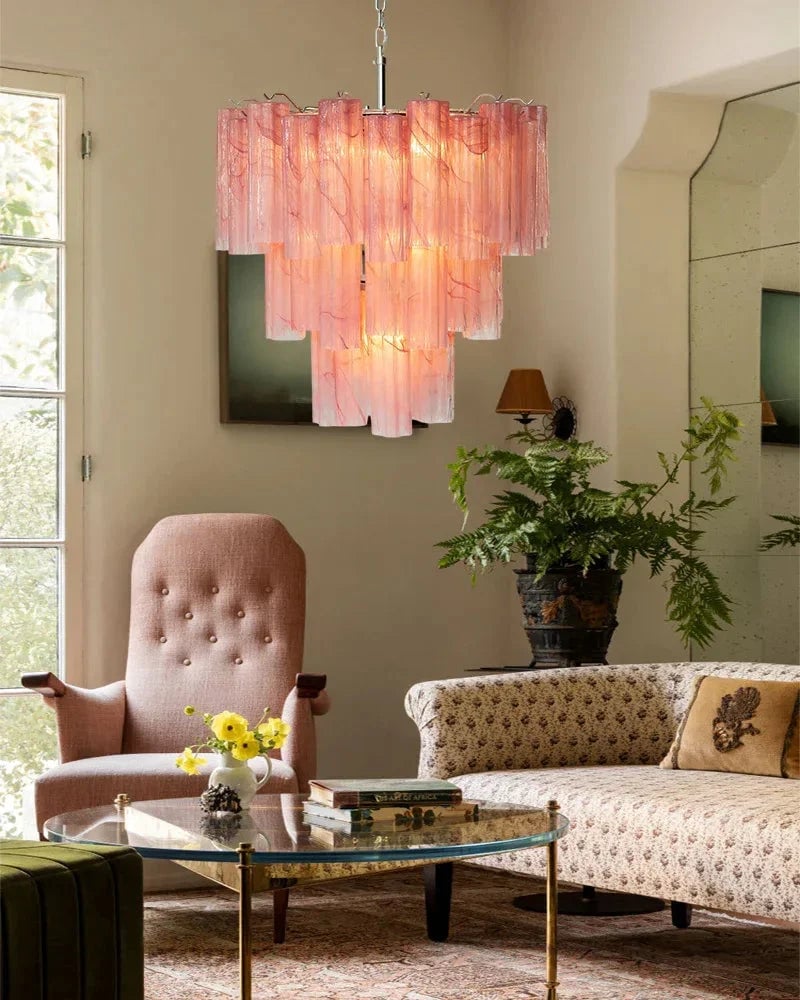 Cortina Series Cascading Chandelier | Multi-Tier Murano Glass Handcrafted Fluted Pink Murano Glass Tubes, Satin Brass for Grand Entrances and Dining Rooms American chandelier