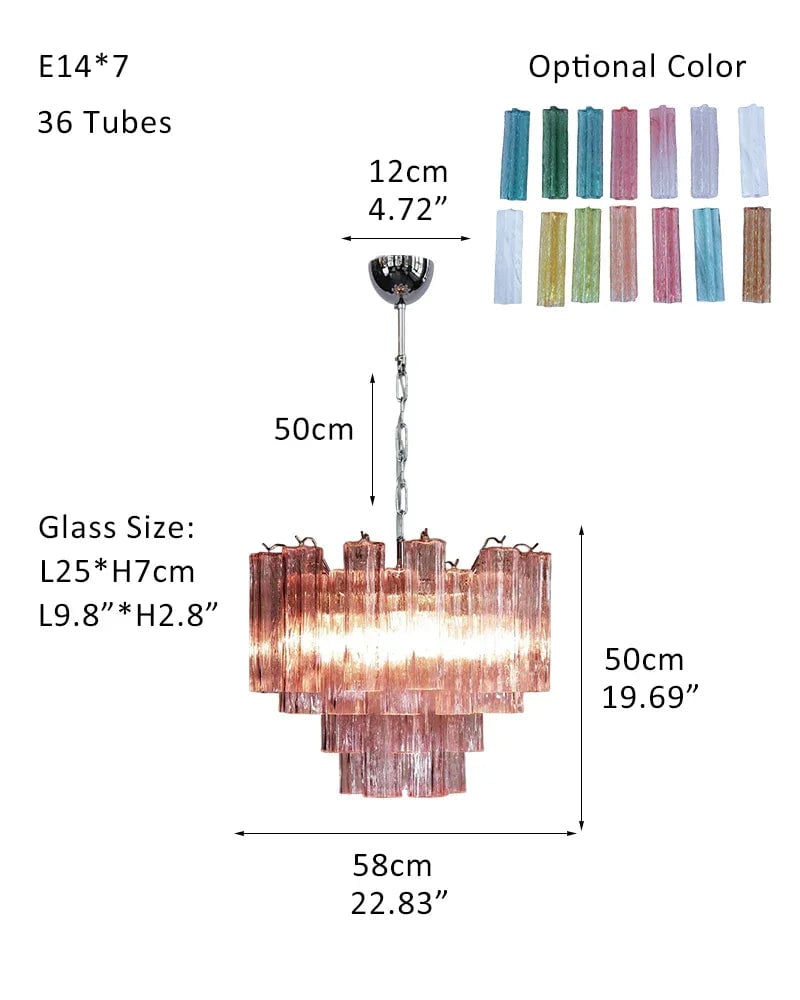 Cortina Series Cascading Chandelier | Multi-Tier Murano Glass Handcrafted Fluted Pink Murano Glass Tubes, Satin Brass for Grand Entrances and Dining Rooms Pendants-D58*H50CM 23"*H20"(36 tubes) Pink & Silver American chandelier