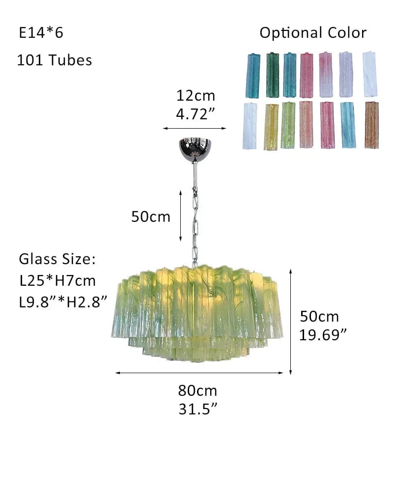 Cortina Series Cascading Chandelier | Multi-tiered Fluted Glass Handcrafted Fluted Murano-Inspired Green Glass, Satin Brass Frame with Silver and Gold Tones for Grand Entrances and Dining Rooms Pendants-D80*H50CM D31.5"*H20"(101 tubes)-A Green Glass + Silver Frame American chandelier