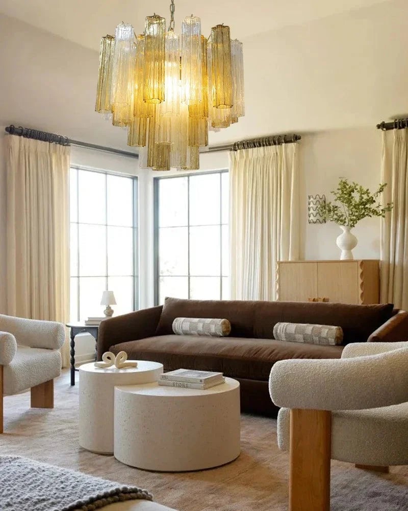 Cortina Series Cascading Chandelier | Multi-tiered Fluted Glass Handcrafted Fluted Murano-Inspired Amber Glass, Satin Brass for Grand Entrances and Dining Rooms American chandelier