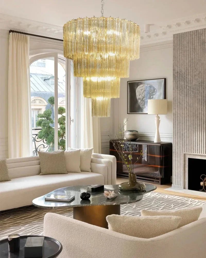 Cortina Series Cascading Chandelier | Multi-tiered Fluted Glass Handcrafted Fluted Murano-Inspired Amber Glass, Satin Brass for Grand Entrances and Dining Rooms American chandelier