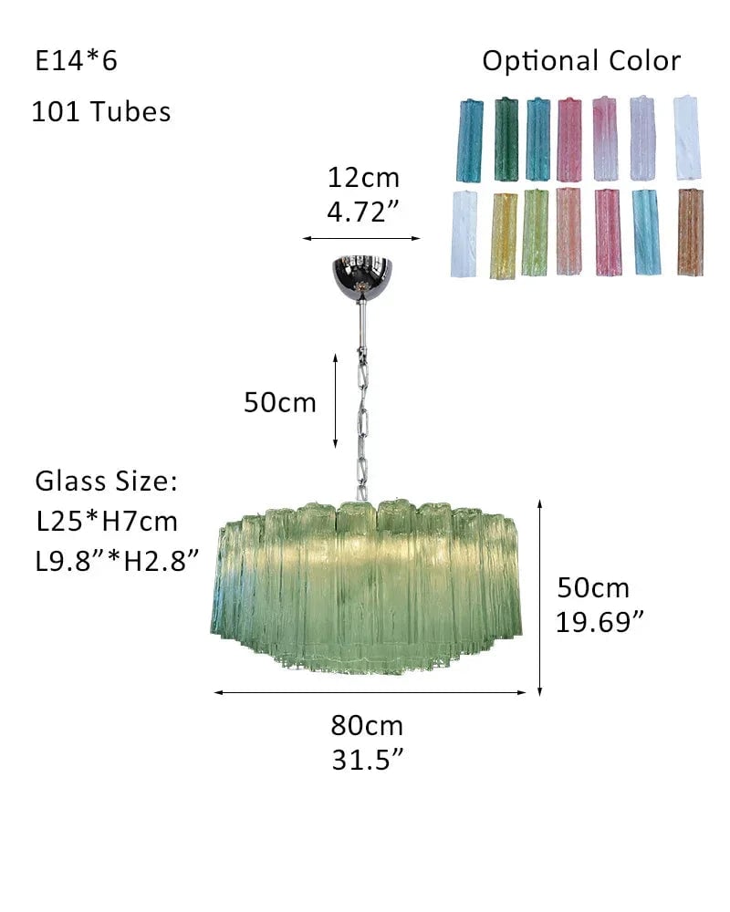 Cortina Series Cascading Chandelier | Multi-tiered Fluted Glass Handcrafted Fluted Murano-Inspired Green Glass, Satin Brass Frame with Silver and Gold Tones for Grand Entrances and Dining Rooms Pendants-D80*H50CM D31.5"*H20"(101 tubes)-B Green Glass + Silver Frame American chandelier