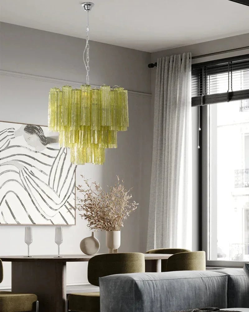 Cortina Series Cascading Chandelier | Multi-tiered Fluted Glass Handcrafted Fluted Murano-Inspired Green Glass, Satin Brass Frame with Silver and Gold Tones for Grand Entrances and Dining Rooms American chandelier