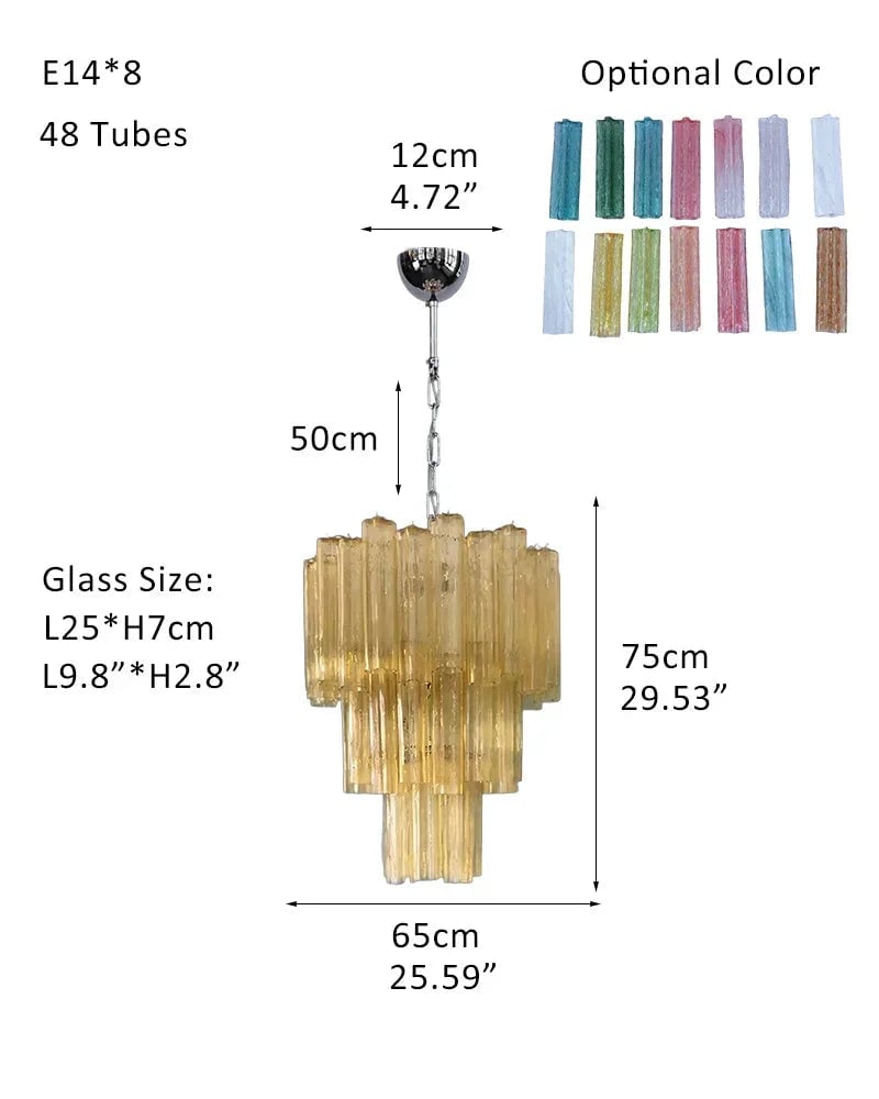Cortina Series Cascading Chandelier | Multi-tiered Fluted Glass Handcrafted Fluted Murano-Inspired Amber Glass, Satin Brass for Grand Entrances and Dining Rooms Pendants-D65*H75CM D25.6"*H30"(48 tubes) Amber Glass + Silver Frame American chandelier