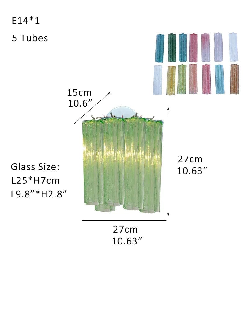 Cortina Series Cascading Chandelier | Multi-tiered Fluted Glass Handcrafted Fluted Murano-Inspired Green Glass, Satin Brass Frame with Silver and Gold Tones for Grand Entrances and Dining Rooms Sconces-D27*H27CM D10.6"*H10.6"(5 tubes) Green Glass + Silver Frame American chandelier