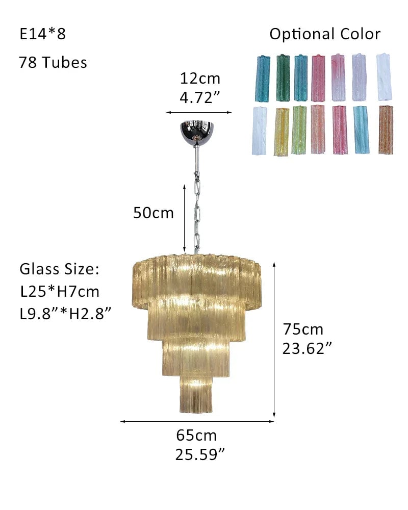 Cortina Series Cascading Chandelier | Multi-tiered Fluted Glass Handcrafted Fluted Murano-Inspired Amber Glass, Satin Brass for Grand Entrances and Dining Rooms Pendants-D65*H75CM D25.6"*H23.6"(78 tubes) Amber Glass + Silver Frame American chandelier