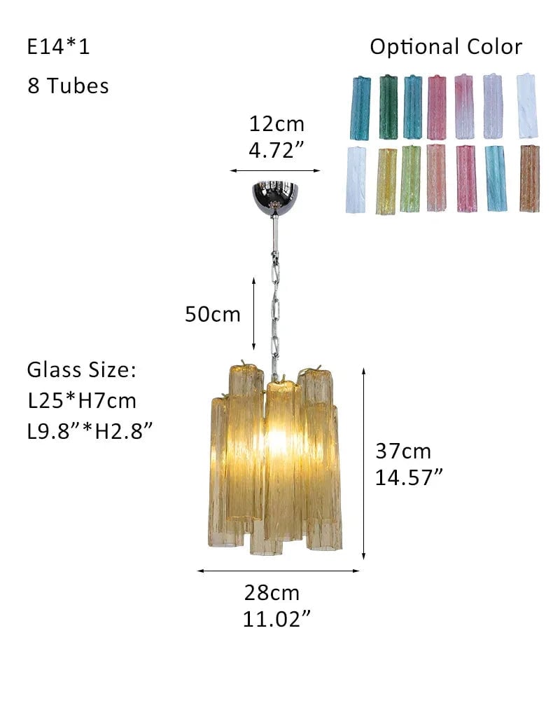 Cortina Series Cascading Chandelier | Multi-tiered Fluted Glass Handcrafted Fluted Murano-Inspired Amber Glass, Satin Brass for Grand Entrances and Dining Rooms Pendants-D28*H37CM D11"*H14.6"(8 tubes) Amber Glass + Silver Frame American chandelier