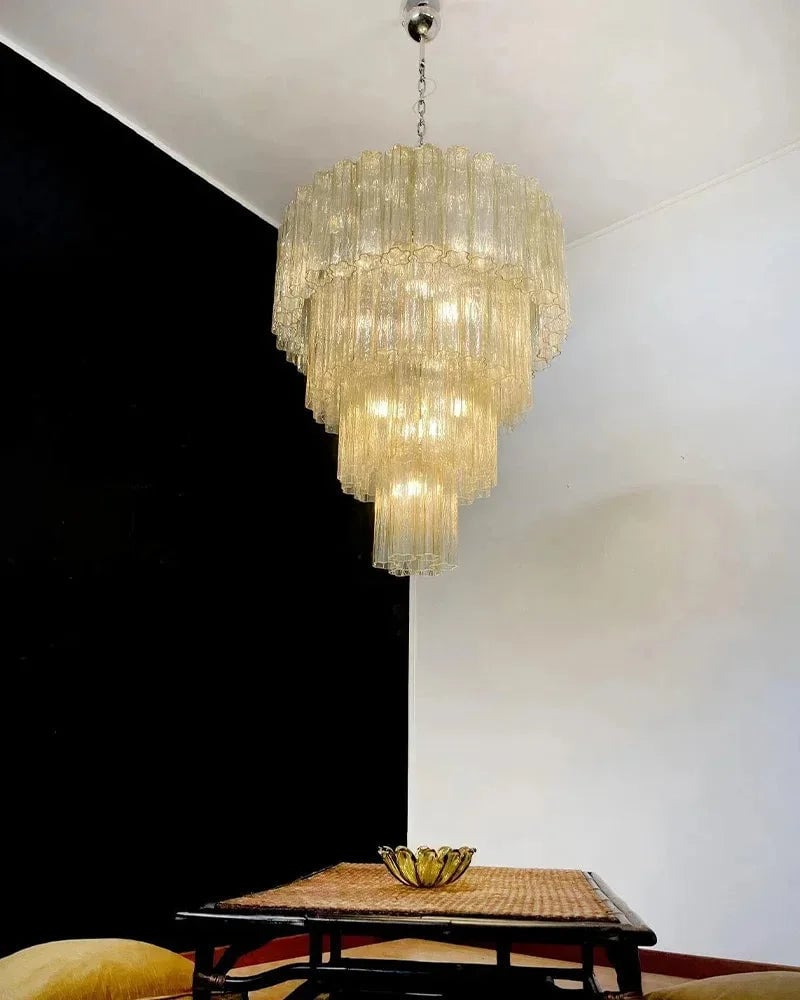 Cortina Series Cascading Chandelier | Multi-tiered Fluted Glass Handcrafted Fluted Murano-Inspired Amber Glass, Satin Brass for Grand Entrances and Dining Rooms American chandelier