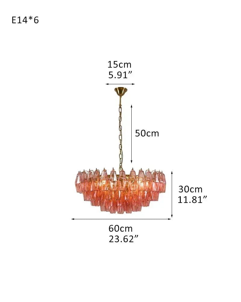 Cortina Series Cascading Chandelier | Round Polyhedron Handblown Murano Glass Polyhedrons, Antique Brass Satin for Grand Halls and Dining Rooms D60*H30CM D23.62"*H11.81" Pink American Vintage chandelier lamp