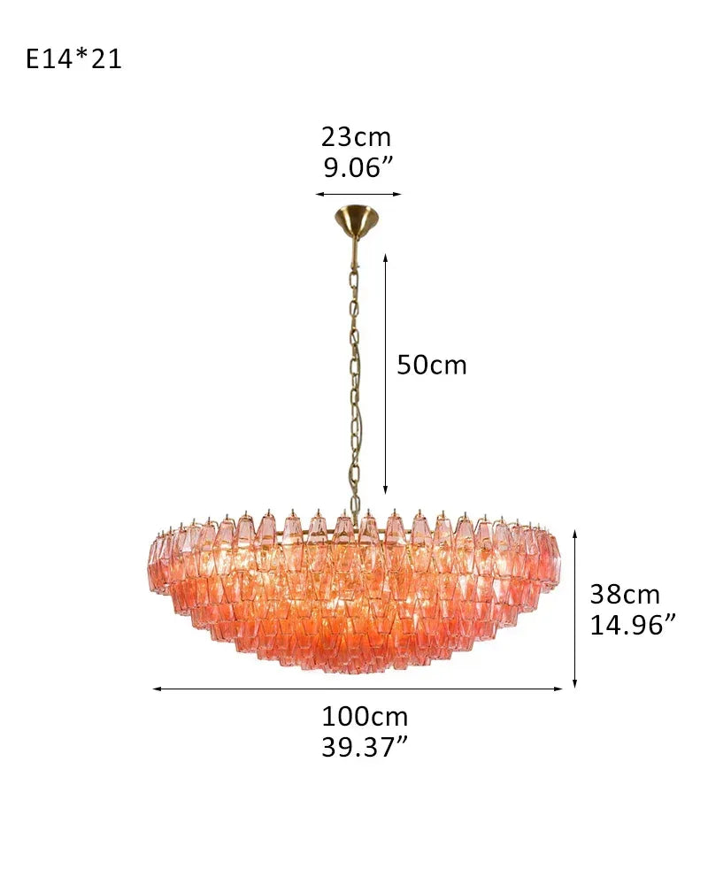Cortina Series Cascading Chandelier | Round Polyhedron Handblown Murano Glass Polyhedrons, Antique Brass Satin for Grand Halls and Dining Rooms D100*H38CM D39.37"*H14.96" Pink American Vintage chandelier lamp
