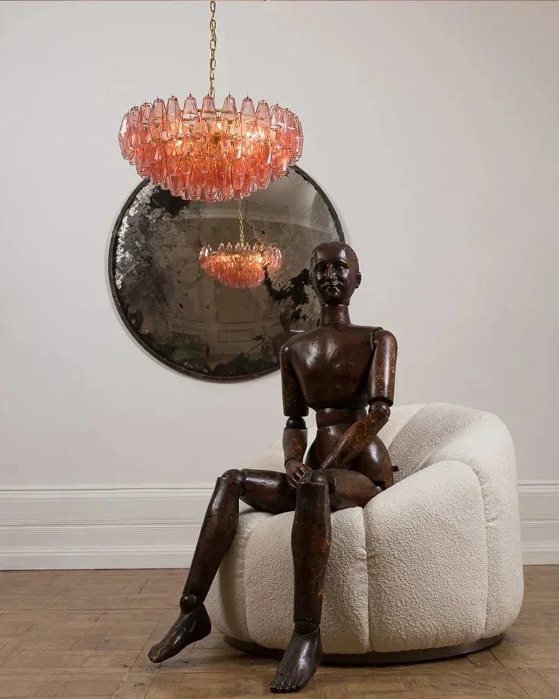 Cortina Series Cascading Chandelier | Round Polyhedron Handblown Murano Glass Polyhedrons, Antique Brass Satin for Grand Halls and Dining Rooms American Vintage chandelier lamp
