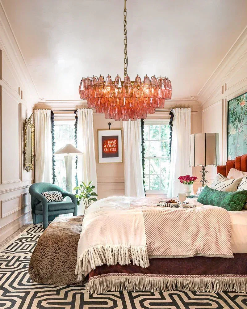 Cortina Series Cascading Chandelier | Round Polyhedron Handblown Murano Glass Polyhedrons, Antique Brass Satin for Grand Halls and Dining Rooms American Vintage chandelier lamp
