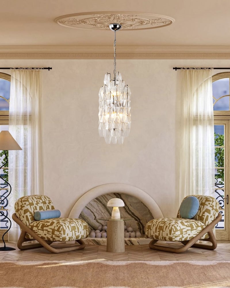 Cortina Series Cascading Pendant Light | Hand-blown Murano Glass Hand-blown Murano glass in clear, amber, smoky, pink, and purple hues, Antique brass satin frame with gold enamel for Cozy nooks and grand dining halls Modern Pendant lamp