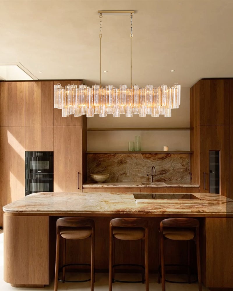 Cortina Series Prismatic Chandelier | Layered Glass Tubes Authentic Venetian Murano Glass, Aged Brass and Black Metal for Modern Dining Rooms and Living Areas Luxury Modern Chandelier