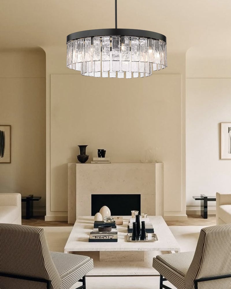 Courmayeur Series Prismatic Chandelier | Double Tier Drum Hammered water glass shade with durable metal frame, Matte Black and White Gold for Foyer Entrances and Dining Rooms Flush Mounted Ceiling Lamp