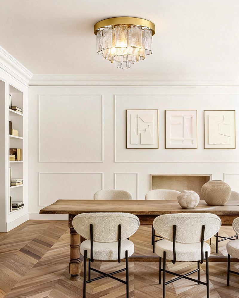 Courmayeur Series Prismatic Chandelier | Double Tier Drum Hammered water glass shade with durable metal frame, Matte Black and White Gold for Foyer Entrances and Dining Rooms Flush Mounted Ceiling Lamp