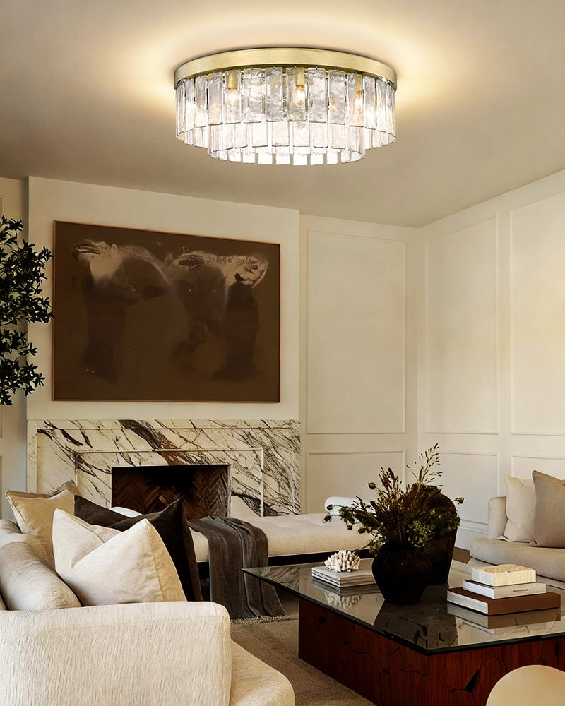 Courmayeur Series Prismatic Chandelier | Double Tier Drum Hammered water glass shade with durable metal frame, Matte Black and White Gold for Foyer Entrances and Dining Rooms Flush Mounted Ceiling Lamp