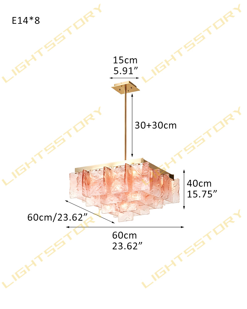 Cassis Murano Glass Multi Tiered Ghiaccio Linear Chandelier - Artisanal Textured Pink Glass, Serene Brass Trim - Kitchen Islands & Dining Rooms